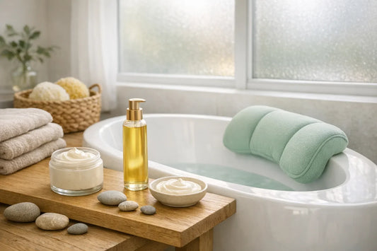 Relaxing daily body care routine setup with natural moisturizers and bath accessories in a serene bathroom setting