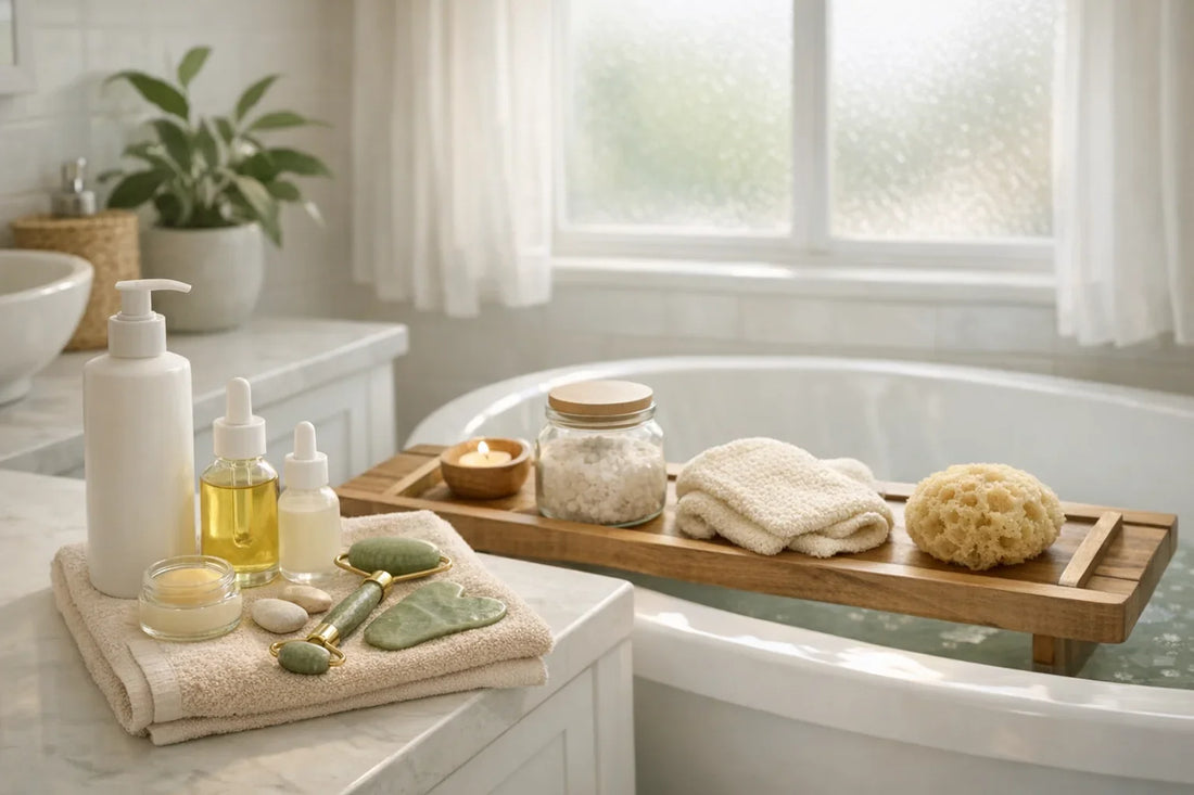 A relaxing bathroom setup showing natural self care products arranged for a simple self care routine