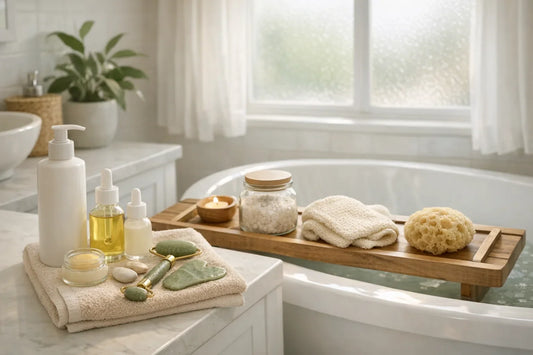 A relaxing bathroom setup showing natural self care products arranged for a simple self care routine