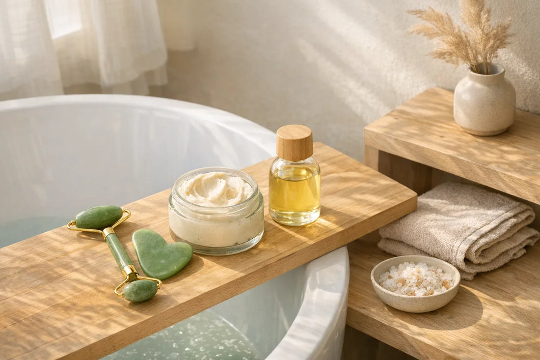 Relaxing self care routine with natural beauty products arranged near a bathtub ready for an at home spa day