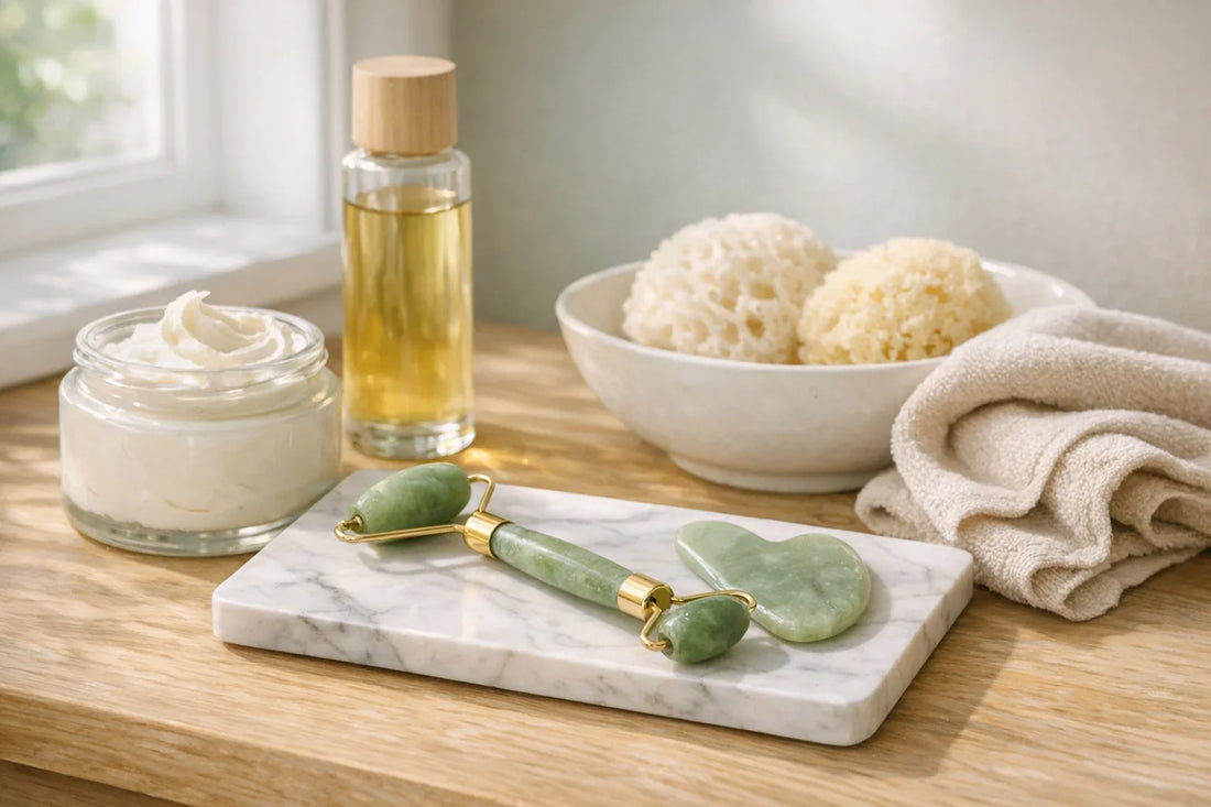 Woman enjoying a simple self care routine surrounded by natural skincare products and spa accessories