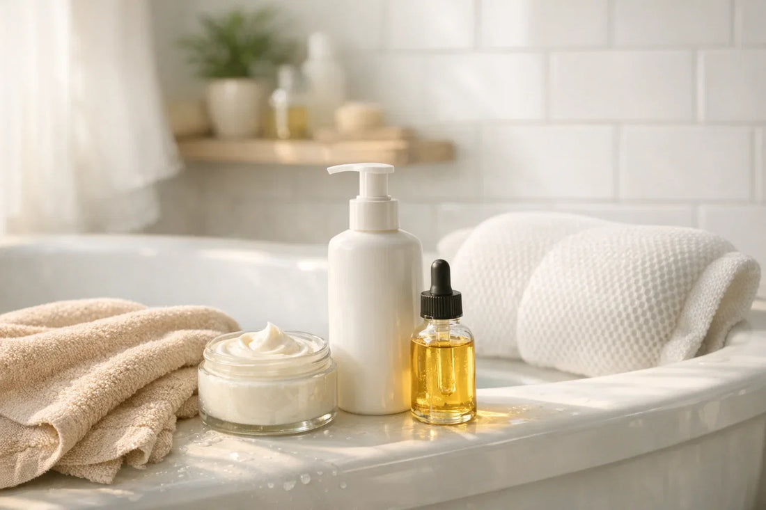 Woman enjoying a relaxing body care routine with natural moisturizers and bath accessories at home
