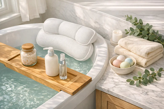 Peaceful home spa setup featuring bath pillow and body care products arranged for an easy at home spa day