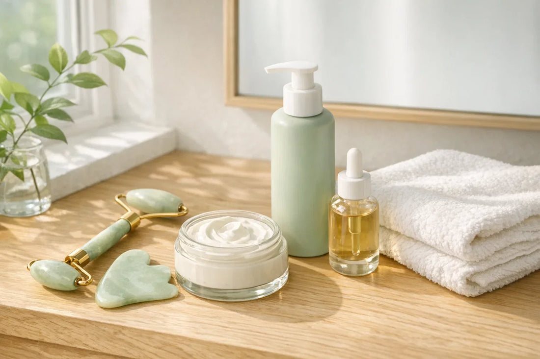 Woman relaxing at home enjoying a simple self care routine with natural skincare and body care products
