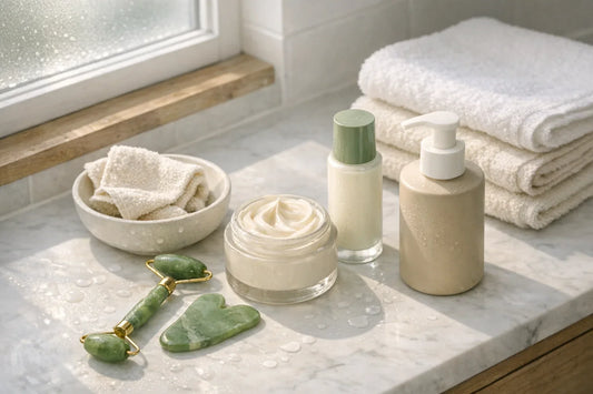 Woman enjoying a simple self care routine with natural skincare tools and moisturizing body products at home
