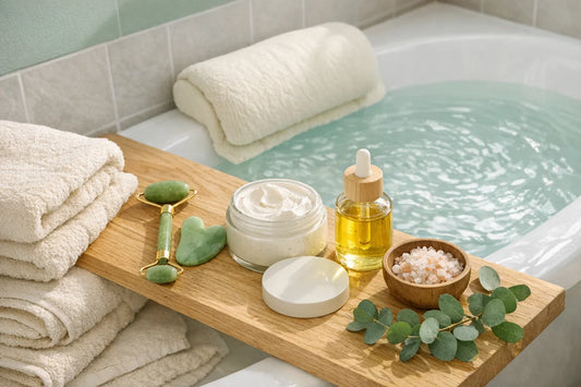 A calming home bathroom scene showing a simple self care routine with bath accessories and glowing skincare tools