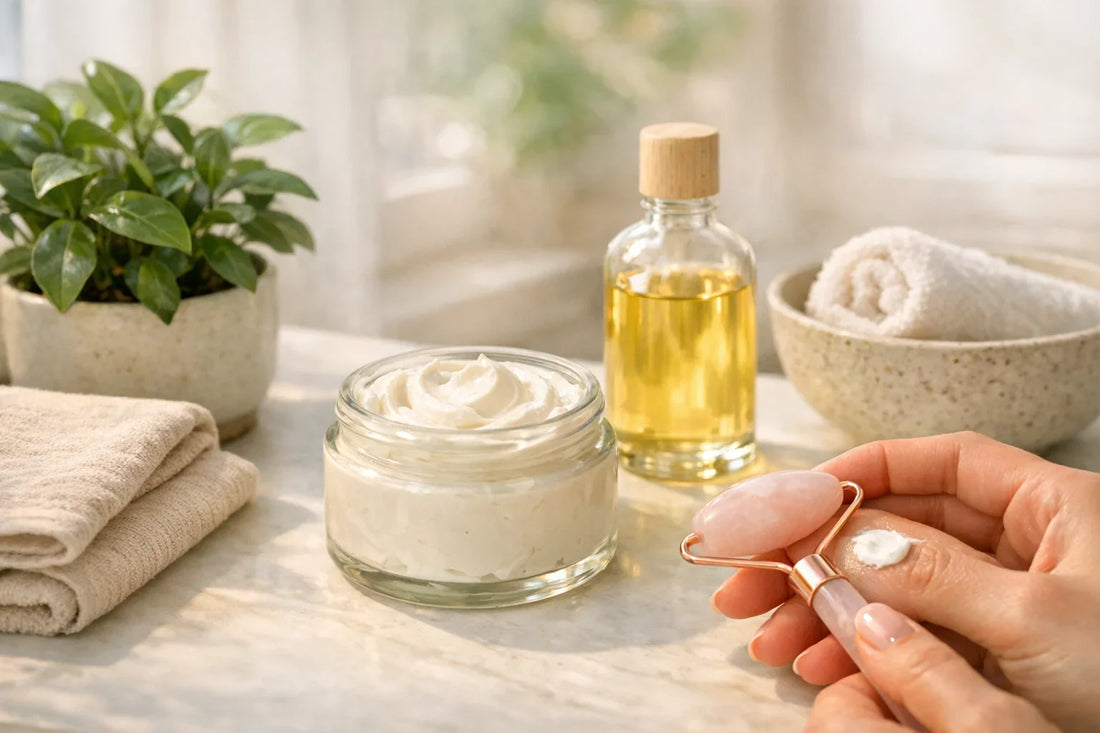 Woman enjoying a simple self care routine with natural body lotion and facial massage tool in a cozy home setting