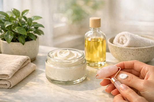 Woman enjoying a simple self care routine with natural body lotion and facial massage tool in a cozy home setting