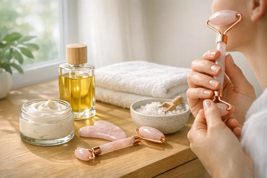 Woman enjoying a simple self care routine with natural skincare tools and body lotion in a cozy home setting