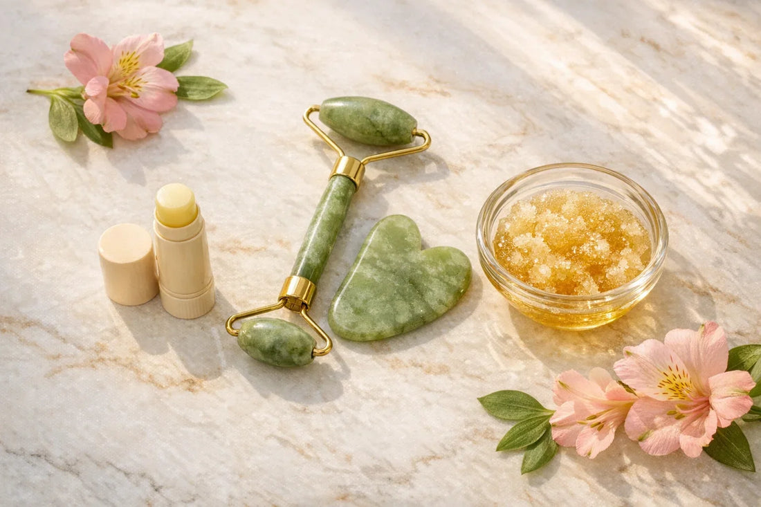 Natural self-care setup showing a daily lip care routine with natural lip balm and facial tools on a bathroom counter