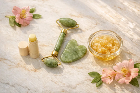 Natural self-care setup showing a daily lip care routine with natural lip balm and facial tools on a bathroom counter