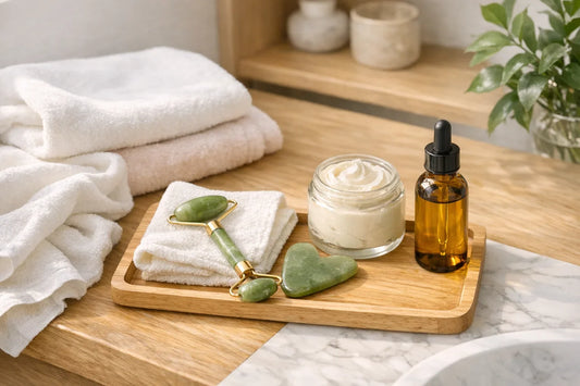 Woman enjoying a simple self care routine with natural skin care tools and body care products in a bright bathroom