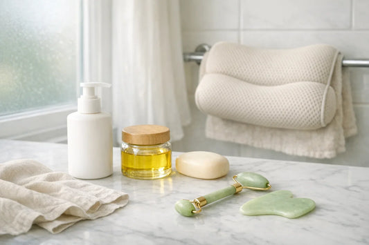 Woman enjoying a relaxing simple self care routine at home with natural beauty products on a bathroom counter