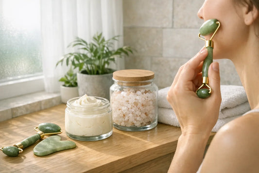 Woman enjoying a relaxing simple self care routine with natural skincare and bath products in a cozy home setting