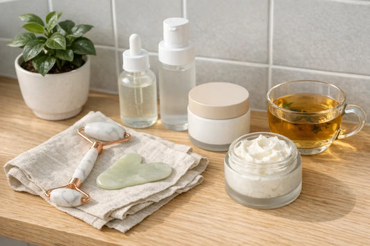 A calm morning scene showing natural beauty products arranged next to a cup of tea for a simple self care routine