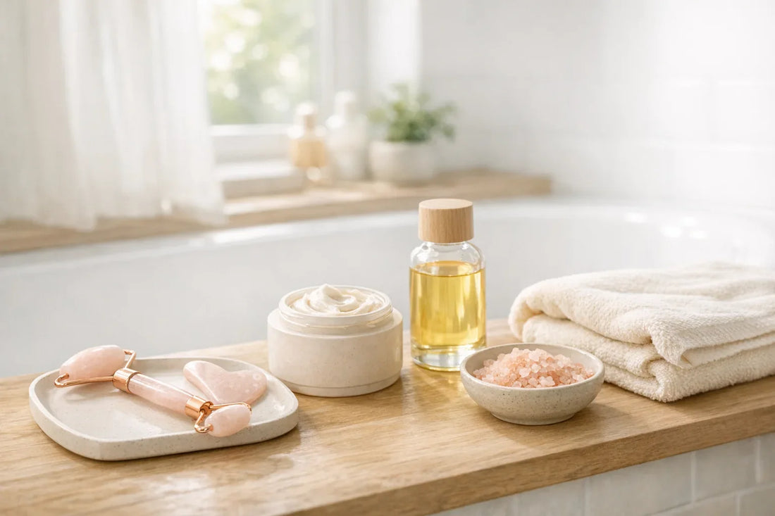 Woman enjoying a simple self care routine with bath accessories and natural skincare tools in a soothing bathroom setting