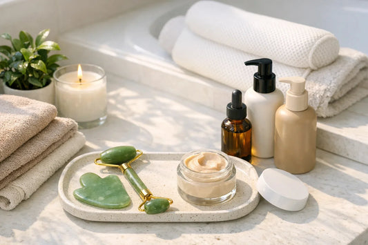 Woman enjoying a relaxing self care routine featuring natural skincare tools and bath accessories