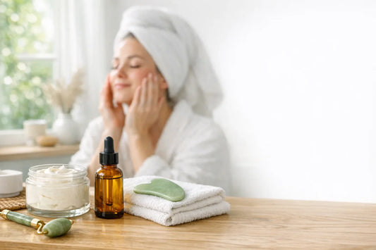 Woman enjoying a simple self care routine with natural skincare and hair care products in a serene bathroom setting