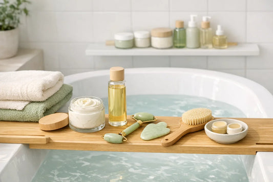 A calm and organized bathroom setting showcasing a simple self care routine with natural beauty products arranged near the bathtub