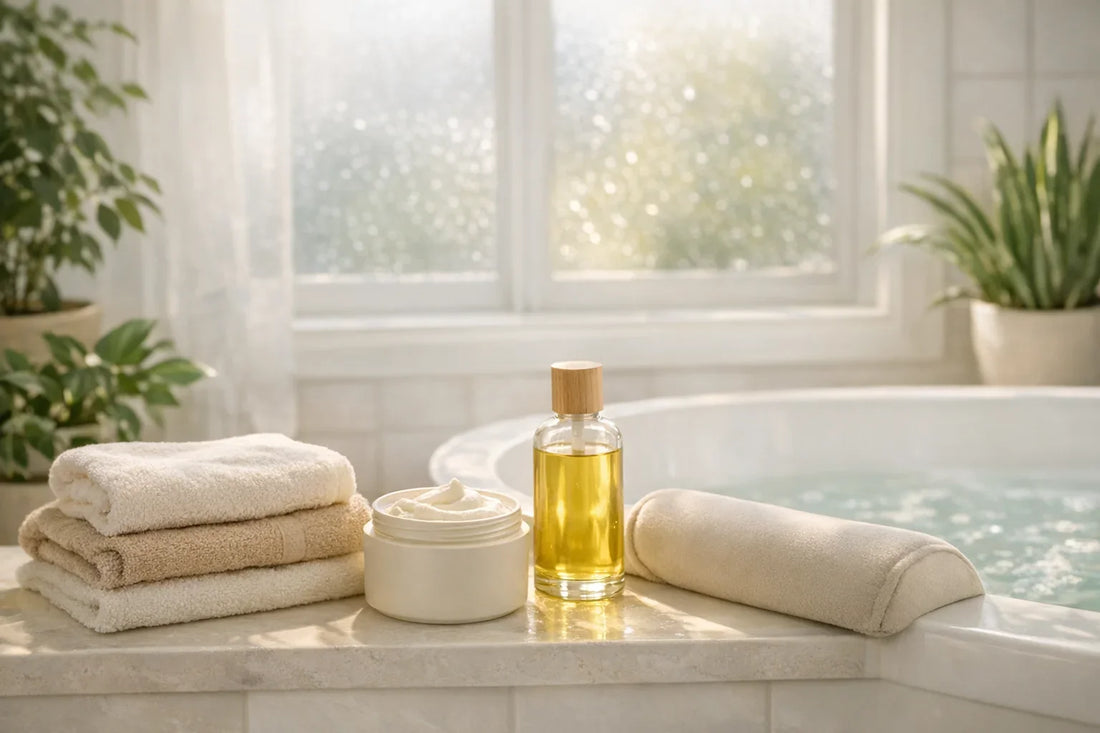 Woman enjoying an at-home body care routine with natural body lotion and bath accessories for soft glowing skin