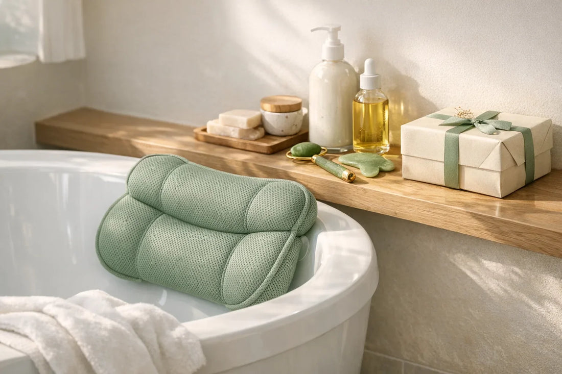 Woman enjoying a relaxing bath with bath pillow and natural self care products arranged nearby in a cozy bathroom