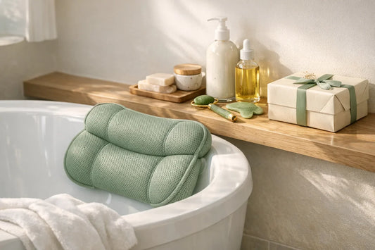 Woman enjoying a relaxing bath with bath pillow and natural self care products arranged nearby in a cozy bathroom