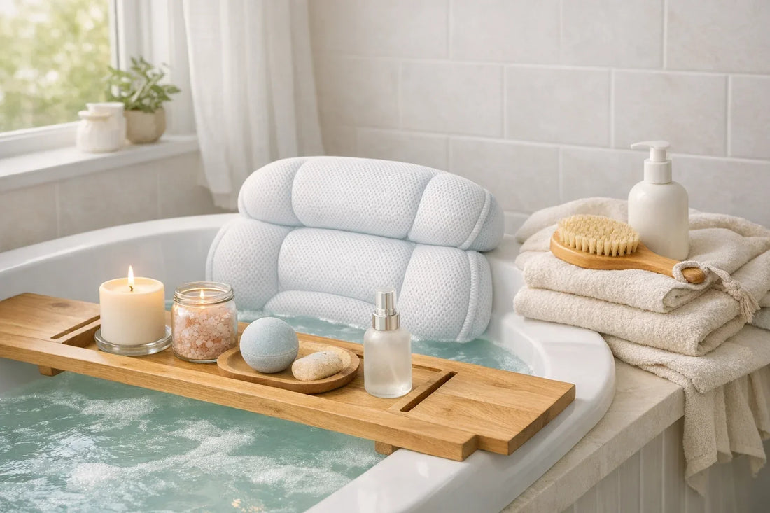 Relaxing at home spa day setup with bath pillow and natural body care products arranged on a tub rim