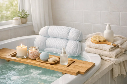 Relaxing at home spa day setup with bath pillow and natural body care products arranged on a tub rim