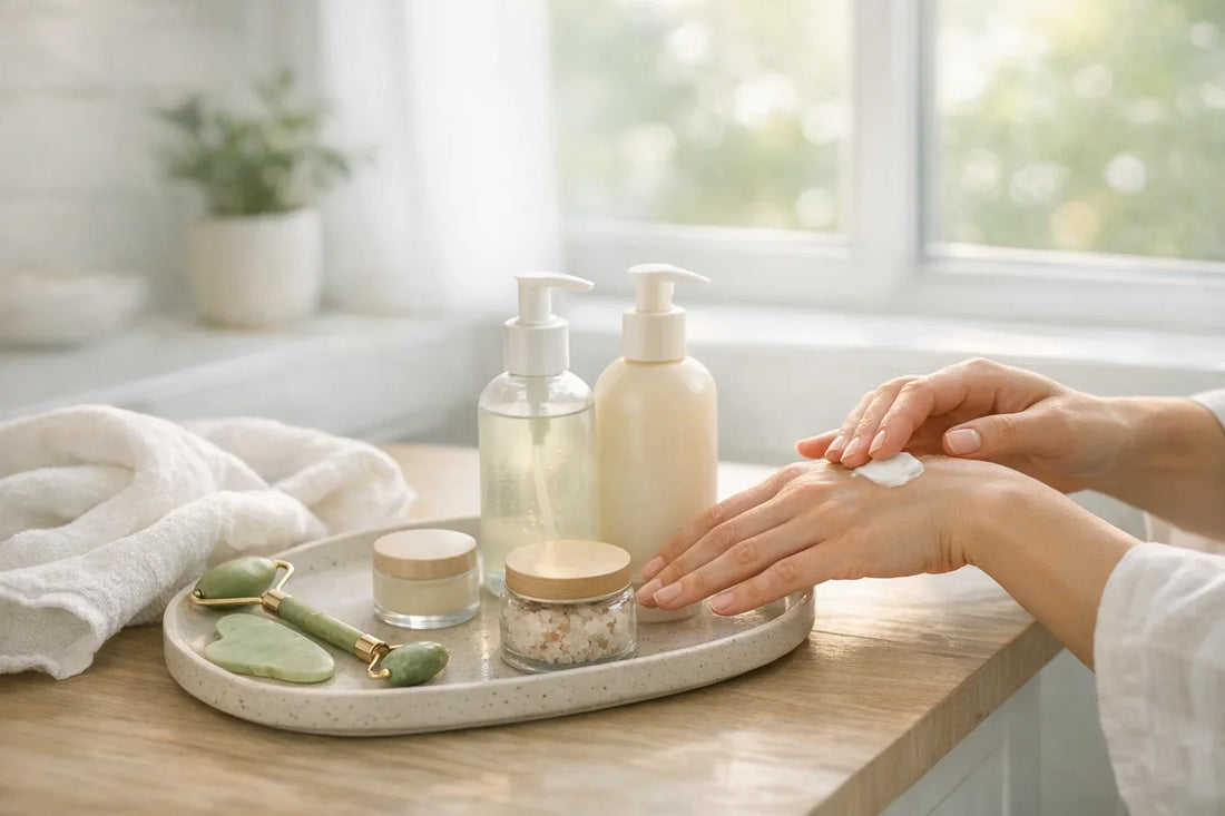 Person enjoying a relaxing simple self care routine with natural beauty products in a bright bathroom