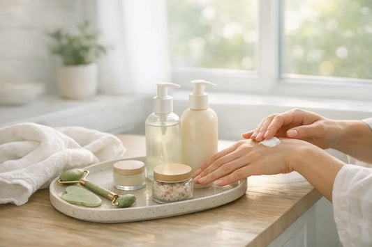 Person enjoying a relaxing simple self care routine with natural beauty products in a bright bathroom