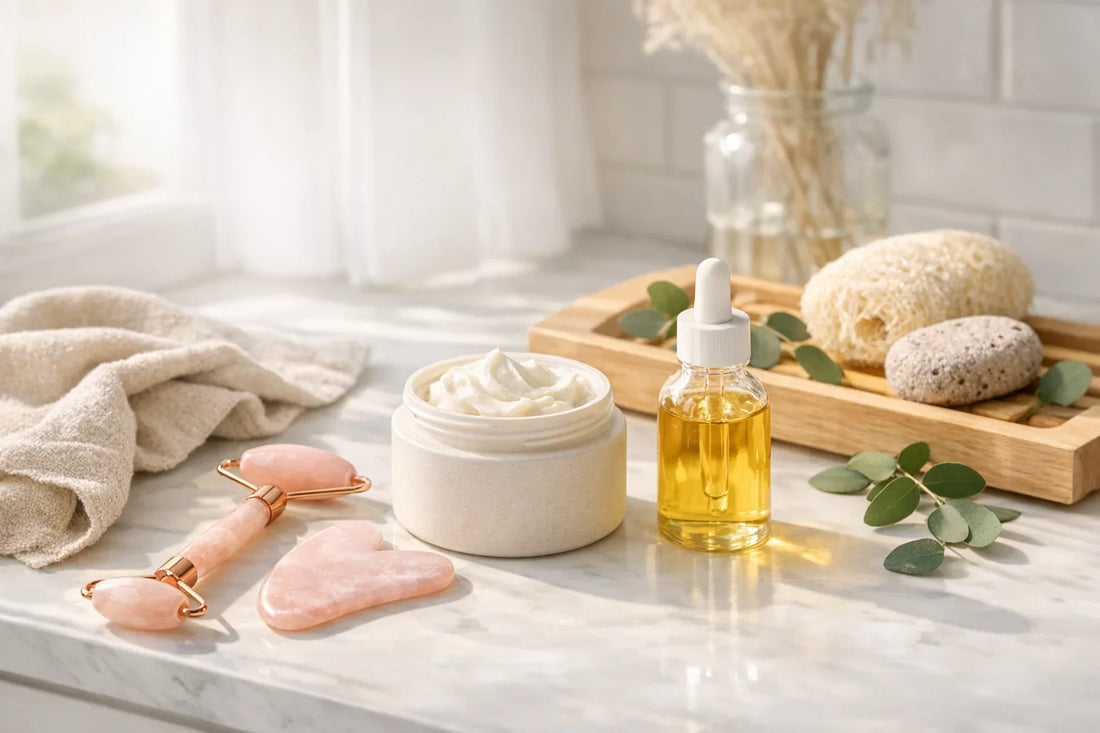 Woman enjoying a simple self care routine with natural beauty products and a relaxing spa setting at home