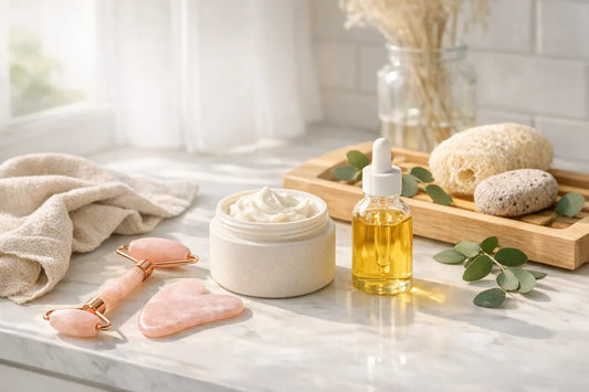 Woman enjoying a simple self care routine with natural beauty products and a relaxing spa setting at home