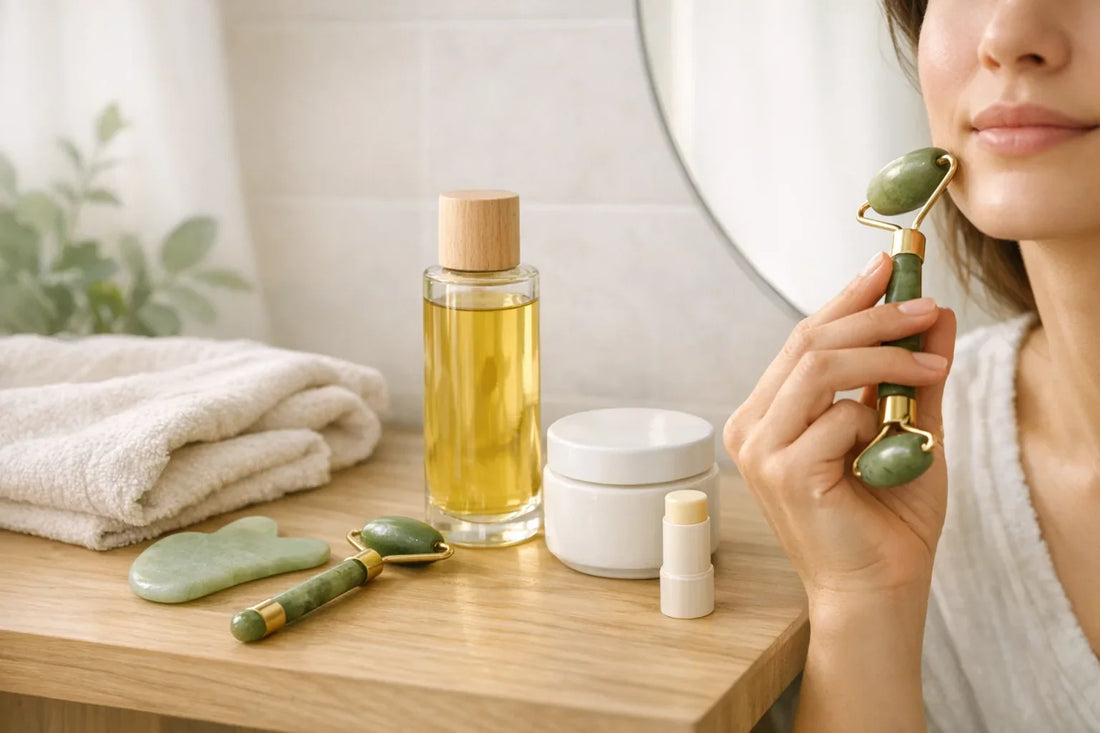 Woman enjoying a natural everyday beauty routine with essential skincare and body care products on a bathroom counter