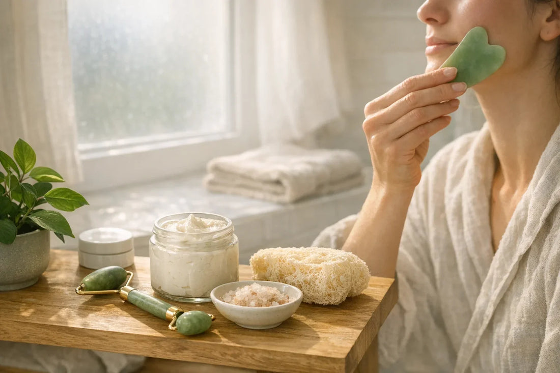 Woman relaxing in a bright bathroom with a simple self care routine featuring natural skincare tools and body care products