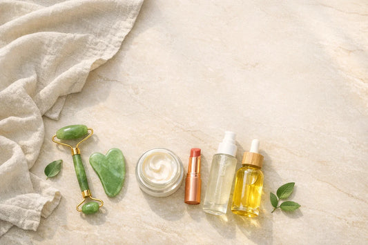Flat lay of beauty routine essentials including facial massage tools and natural skin care products on a bathroom counter