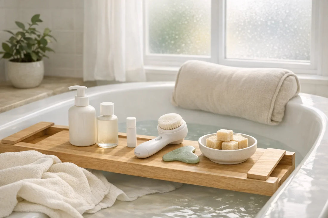 Relaxing at-home self care routine setup with natural beauty products and bath accessories