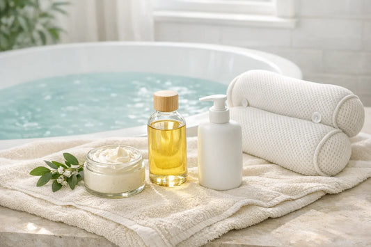 Relaxing self-care scene showing natural body care products and bath accessories on a towel near a filled bathtub for a body care routine