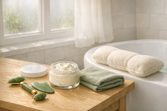 Woman relaxing at home enjoying a simple self care routine with skincare tools and soothing bath accessories