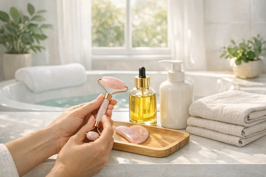 Woman enjoying a simple self care routine at home with natural skincare, hair oils, and bath accessories