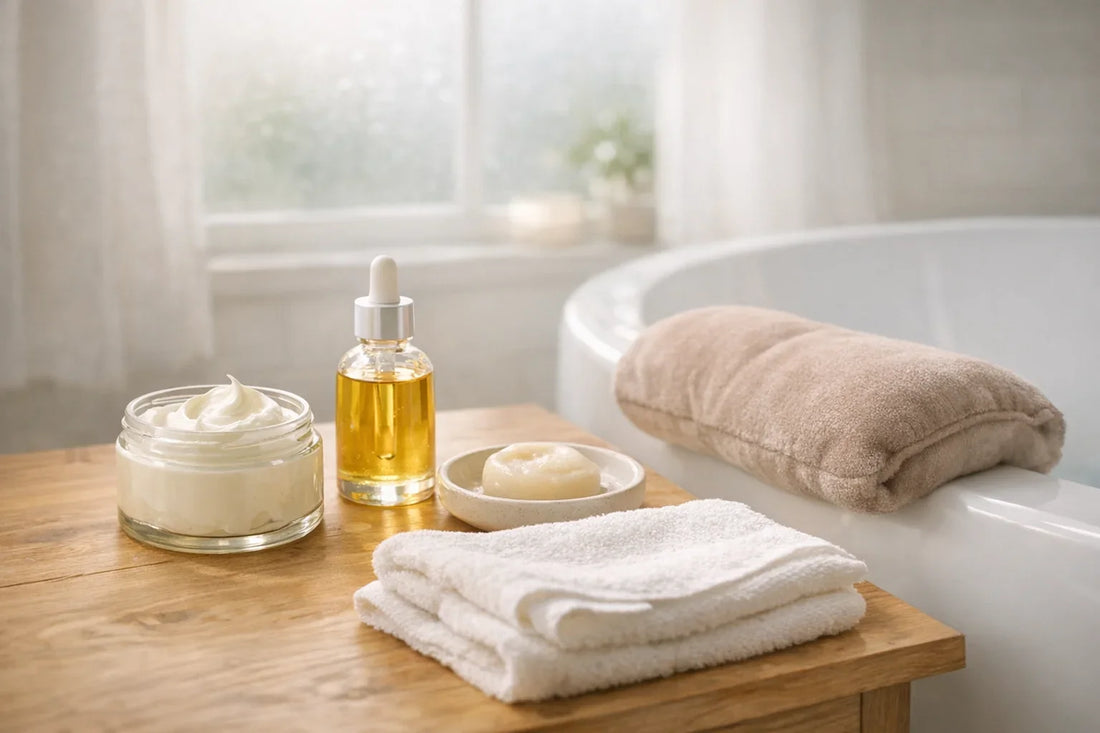 Woman applying natural body lotion during daily body care routine in cozy bathroom setting