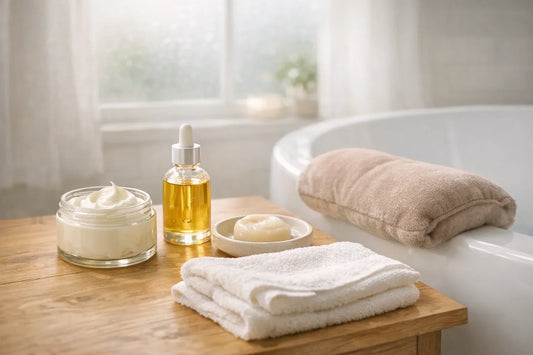 Woman applying natural body lotion during daily body care routine in cozy bathroom setting