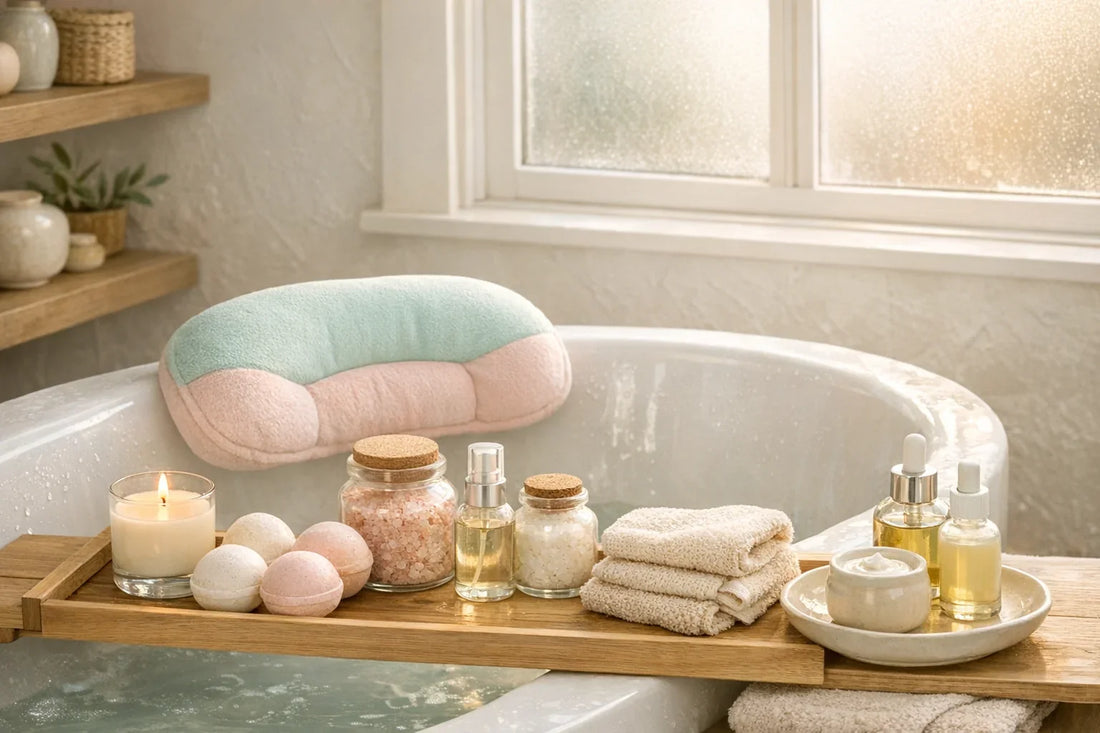 Cozy bathroom setup showcasing soft lighting and bath accessories for an at home spa day ideas relaxing experience