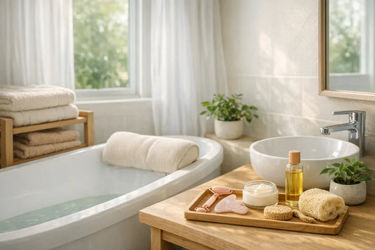 Relaxing home bathroom scene showing a gentle self care routine with bath accessories and skincare tools on a wooden shelf
