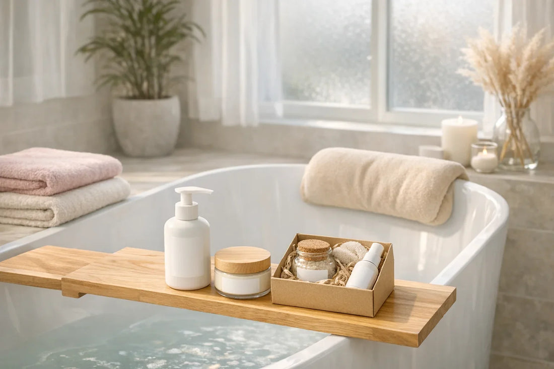 Relaxing bathroom scene featuring products for a simple self care routine with bath pillow, body lotion, and spa gift set