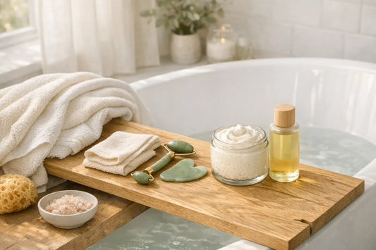 A peaceful at-home self care setup featuring skincare tools, body lotion, and bath accessories for a simple self care routine