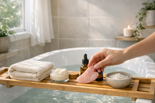 Woman enjoying a relaxing self care routine with natural beauty products in a cozy bathroom