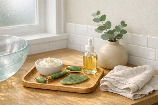 Woman enjoying a simple self care routine with natural beauty products and spa essentials in a bright bathroom