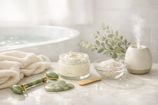 A calming bathroom scene showcasing a simple self care routine with skincare tools and body care products neatly arranged