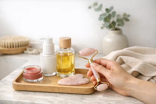 Relaxing at-home self care routine setup with natural skincare products and spa essentials for glowing skin