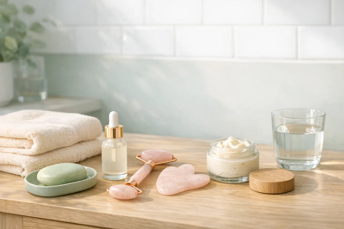 Woman practicing a simple self care routine with natural skincare and body products on a bathroom vanity